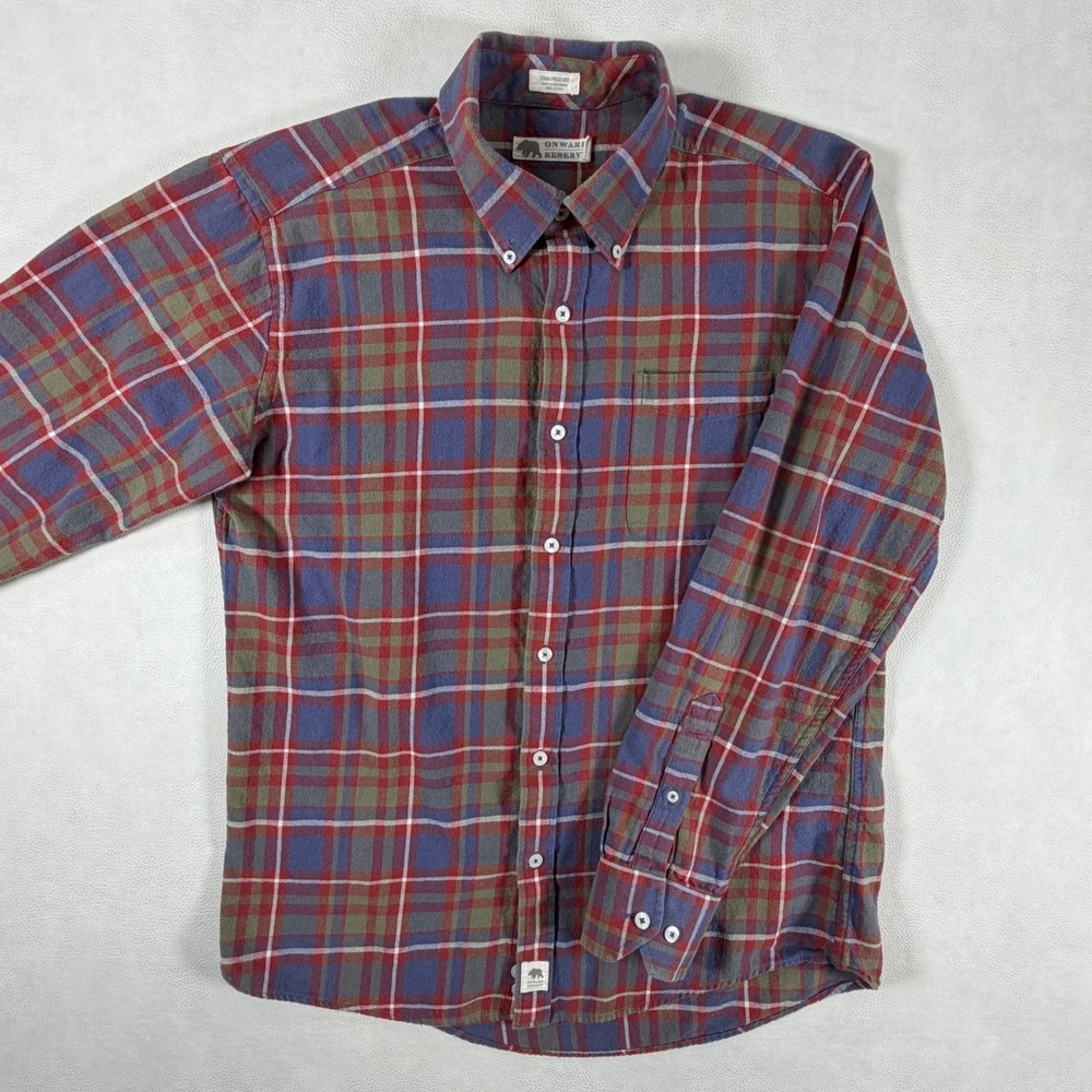 Onward Reserve Mens Large Tailored Fit Plaid Cotton Flannel Shirt Red Blue Green